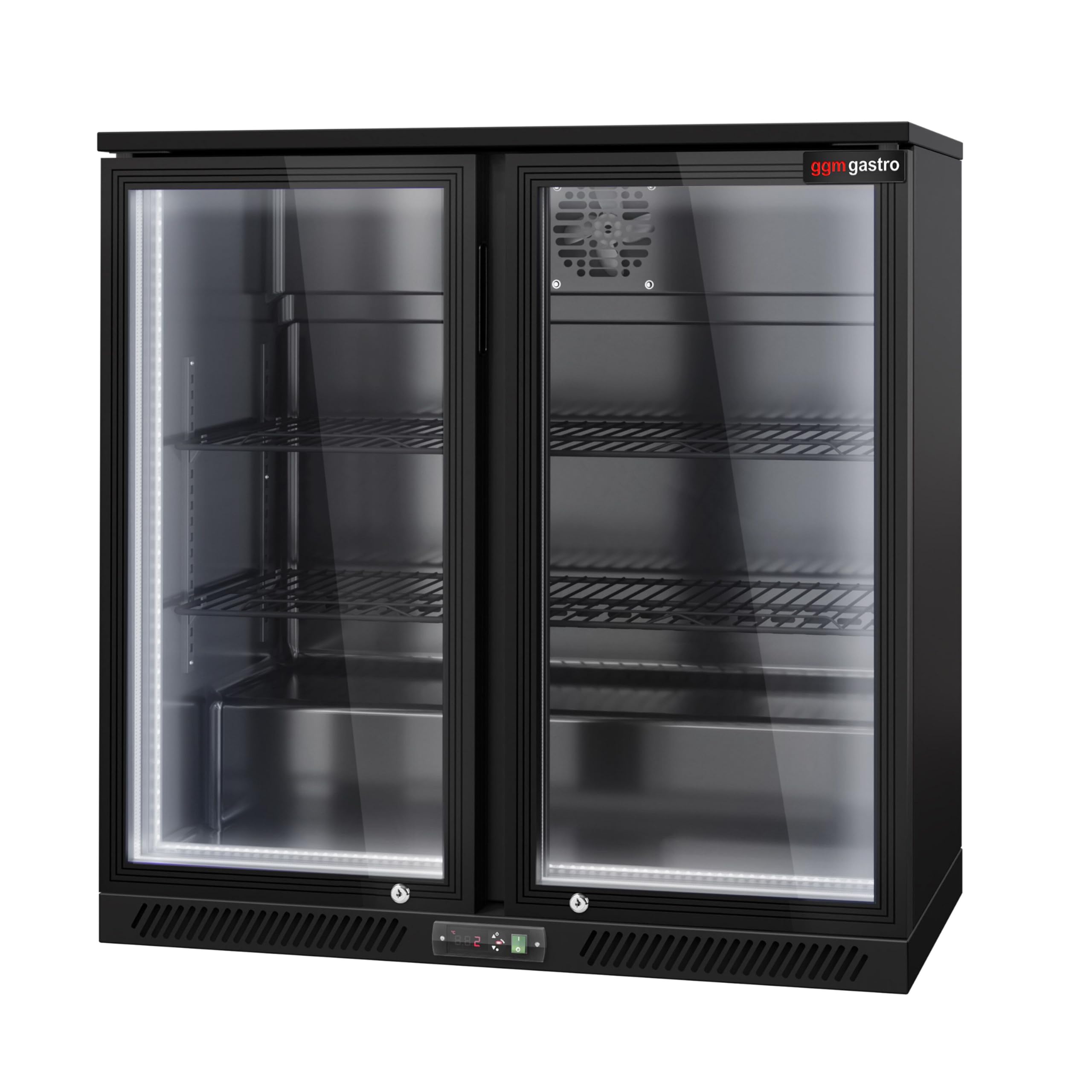 GGM Gastro | BKTLG220S | Barkühlschrank - 900mm - 220 Liter - mit 2 Glasflügeltüren - Außen & Innen Schwarz