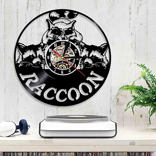 Miniatura 4 de Reloj de pared de disco de vinilo, arte de mapache, reloj de pared decorativo, diseño moderno, reloj de vinilo animal, decoración de pared, reloj