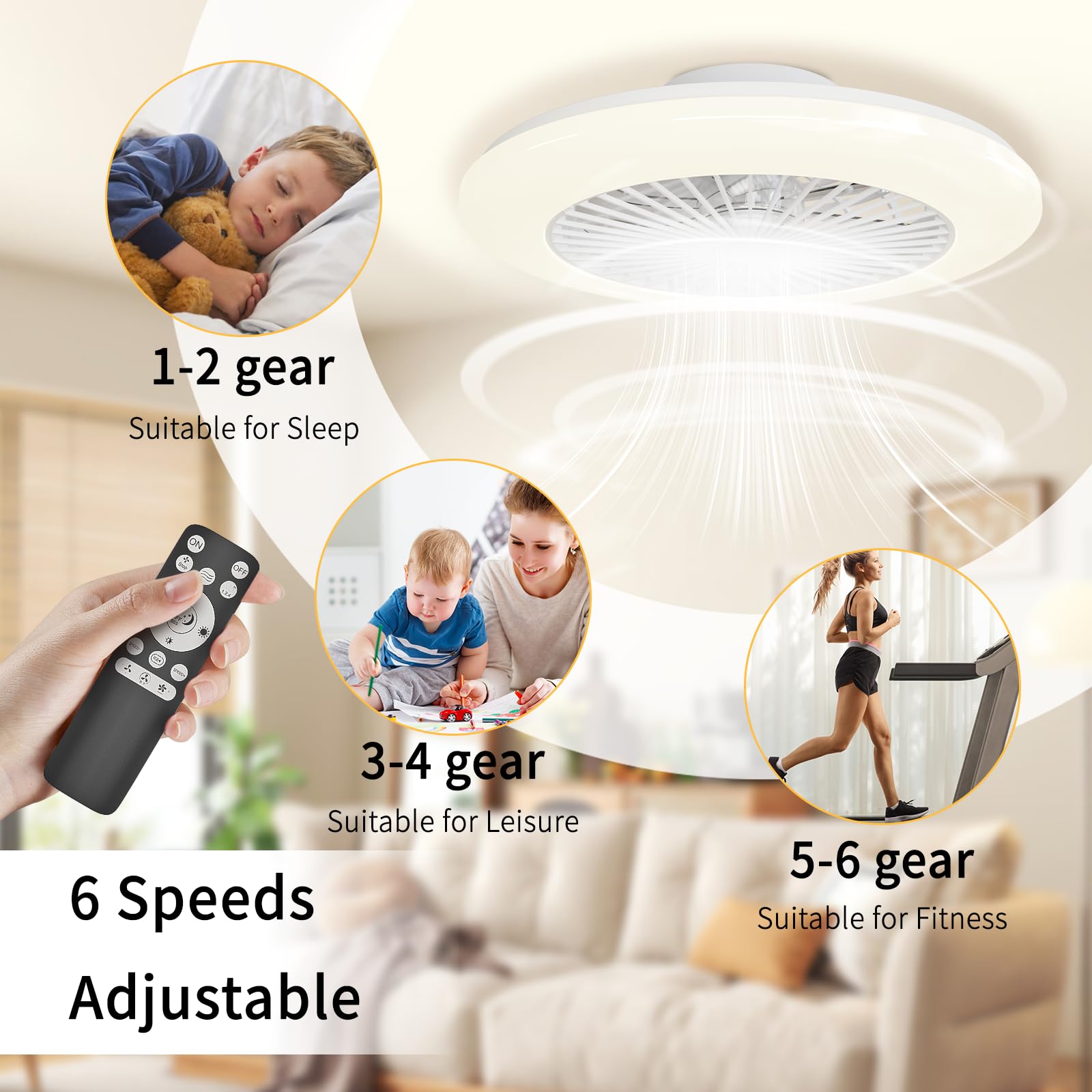 LED Deckenleuchte mit Ventilator 48,5cm, Deckenventilator mit Beleuchtung RGB Dimmbar 3000-6500K, 40W Ultrahell 4200LM, Flach 13.7cm für Niedrige Decken, Leiser DC Motor, Timer, Speicherfunktion, Weiß