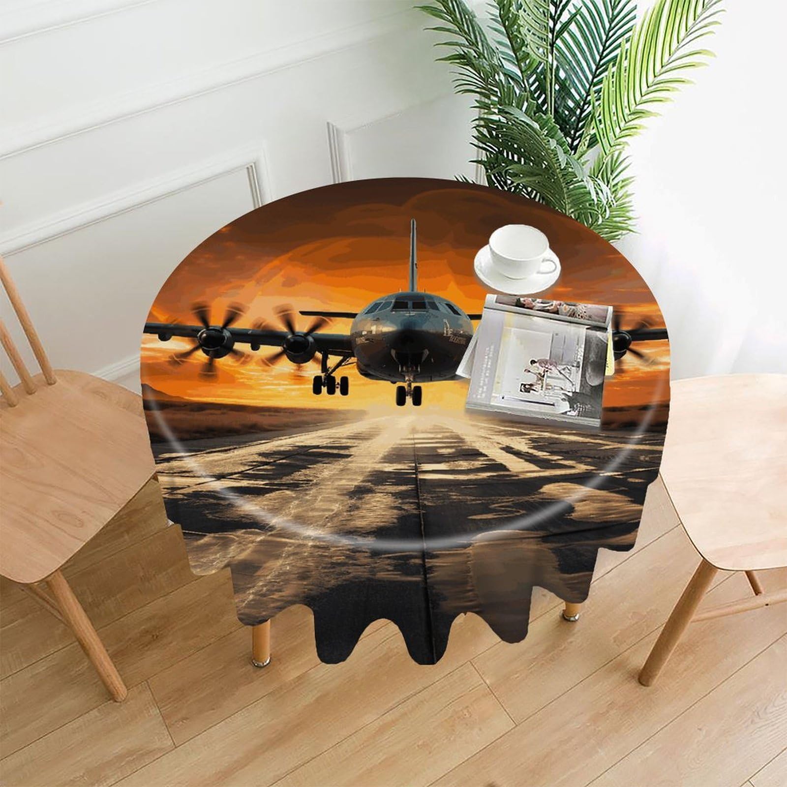60 Inch Military Plane Landing on Airforce Runways Against Beautiful Dusky Sky Round Tablecloth Wipeable Washable Table Cover for Kitchen And Dining Room Decorative Table Cloth for Party Holiday Picni