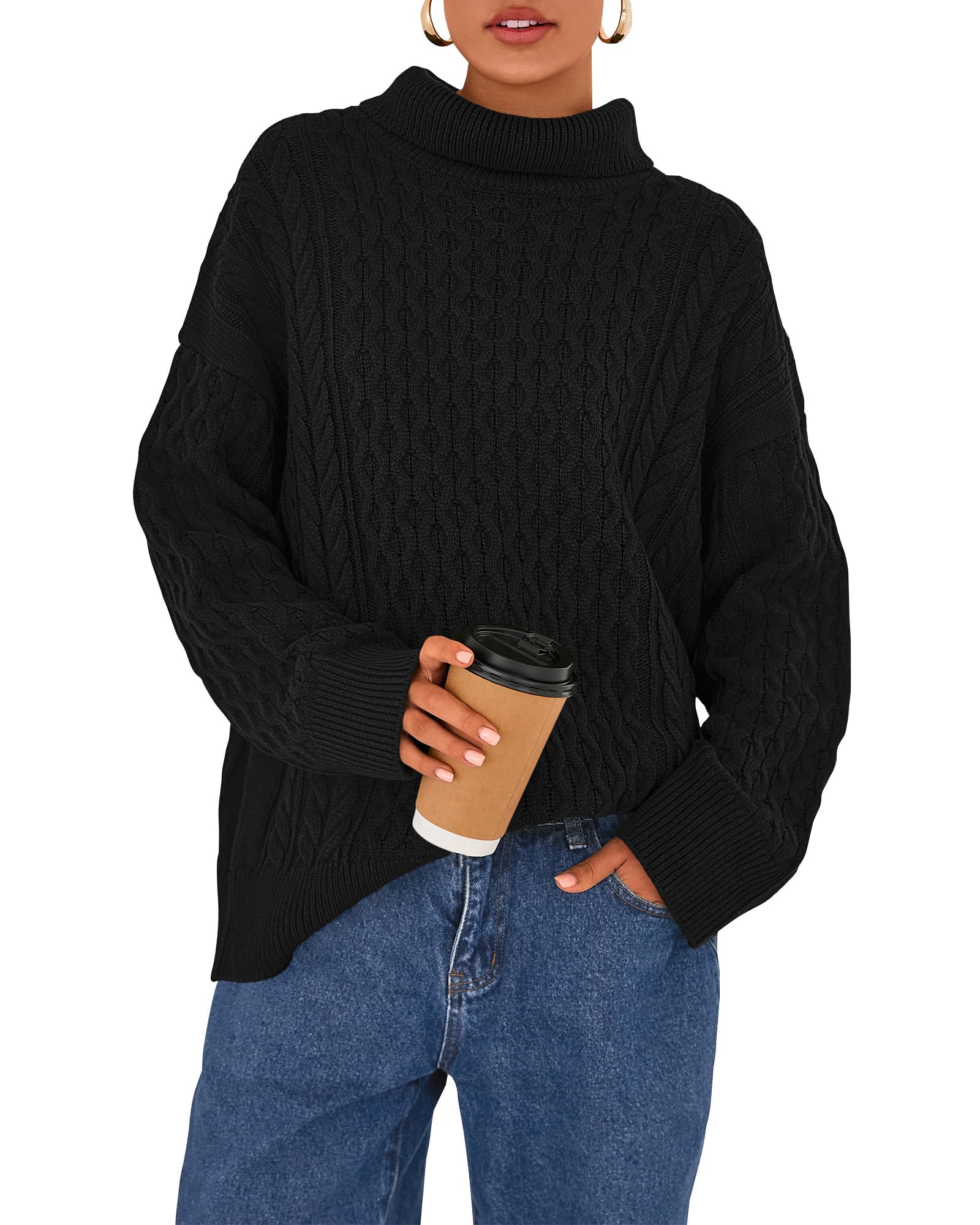 BTFBM Casual Women Fall Sweaters 2025 Long Sleeve Turtleneck Ribbed Knit Pullover Loose Cable Knit Sweater