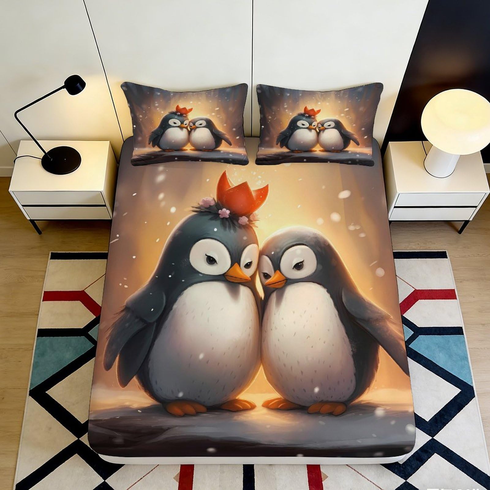 3D Printed Cute Penguin Couple Fitted Sheet Microfiber Soft Breathable Romantic Bed Cover for Bedroom Dormitory Guest Room Mattress Protection 200x200x25cm