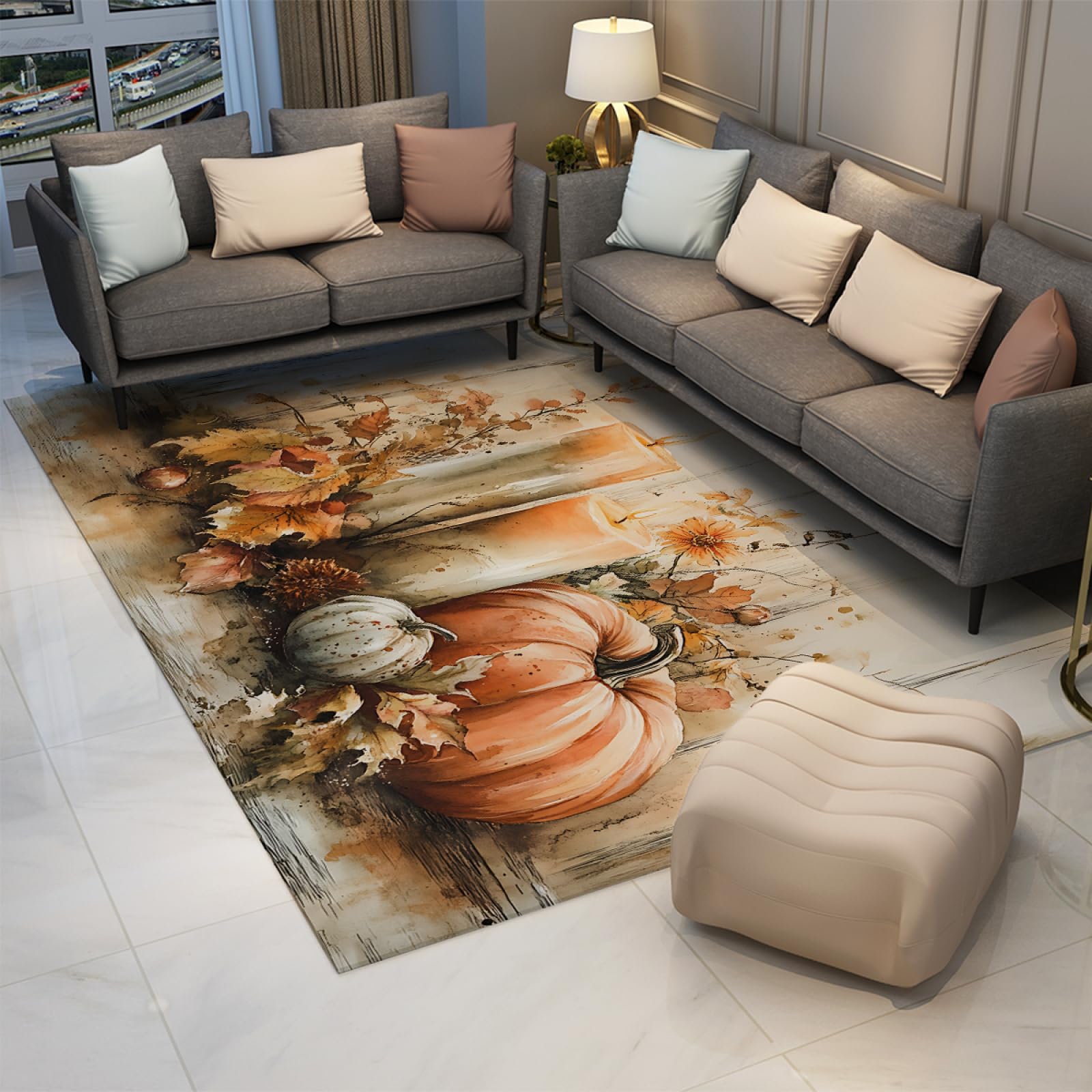 Dywan z motywem dyni i liści klonu, 60 x 120 cm, motyw jesieni, Święto Dziękczynienia, dekoracja domu, biura, nowoczesny, łatwy do czyszczenia, antypoślizgowy dywan do domu wiejskiego