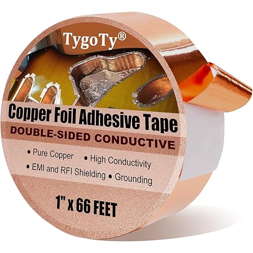 Copper Foil Self-Adhesive Tape 1inch X 66 FT 100% Pure Copper Double-Sided Conductive for Guitar, Stained Glass Soldering, Slugs,EMI Shielding, Crafts DIY, Electrical Repairs and Grounding
