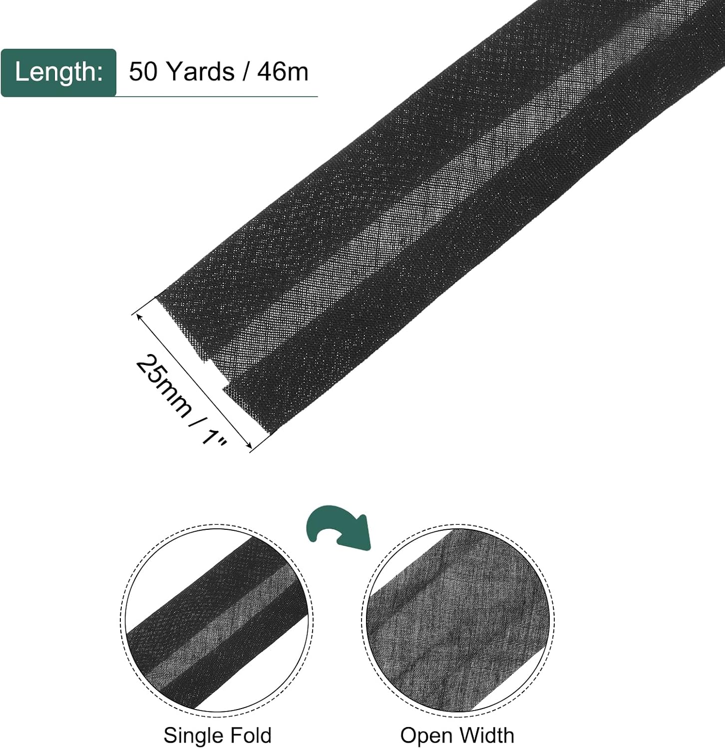 MECCANIXITY 1 Inch Single Fold Bias Tape Polyester Continuous Bulk Bias Tape for Sewing,Seaming Quilting Hemming Binding Crafts (Black 50 Yards)