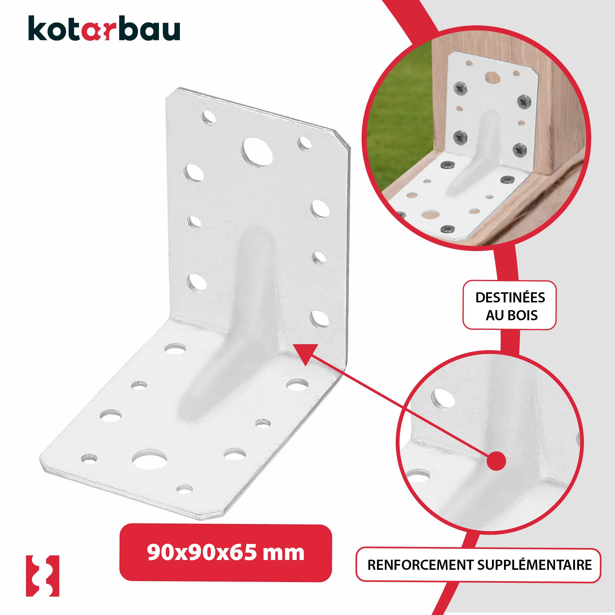 KOTARBAU® 12 Pièces Équerre De Fixation - Acier Galvanisé - 90 x 90 x 65 mm - Argent - Renfort D'Angle Métal - Équerre de Fixation Renforcée - 90 Degrés