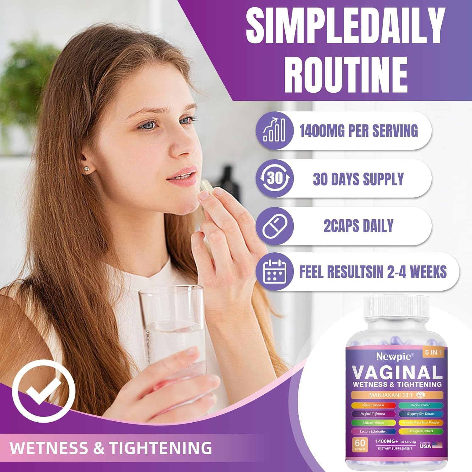 Vaginal Moisturizer & Tightening Capsules - Kacip Fatimah 1,000mg & Manjakni 200mg for Female Intimate Health,Slippery Elm for Women - Vegan,60 Capsules (2)