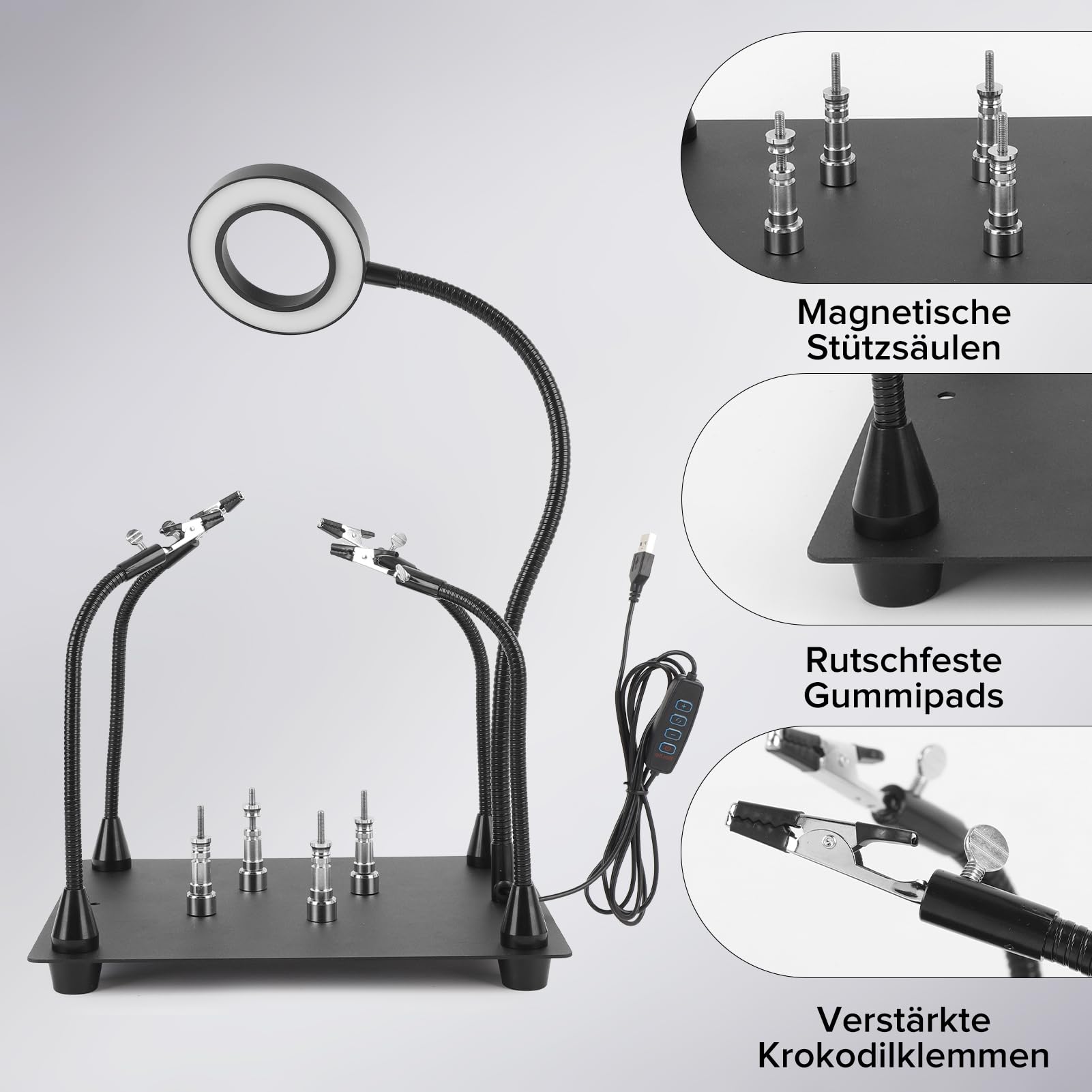 Dritte Hand Löten, Lötstation Helfende Hand mit 6X Lupe und 4 Flexible Arme, Magnetische Löthilfe mit 4 PCB-Säulen, Reparatur der Leiterplatte für Elektronik, Modelle und Lötaufgaben