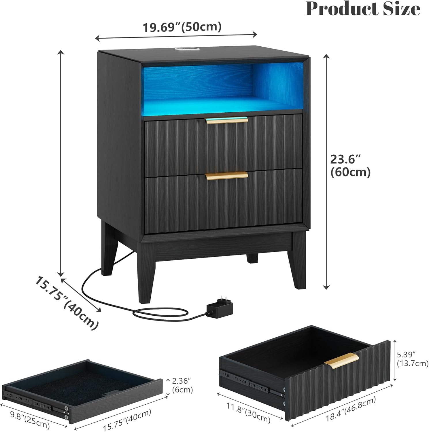 LVSOMT 20'W Fluted Nightstand, Night Stand with Charging Station and LED Lights, RFID Lock Hidden Drawer, Mid Century Morden Bedside Table for Bedroom, 2 Drawers and Open Storage Cubby, Black