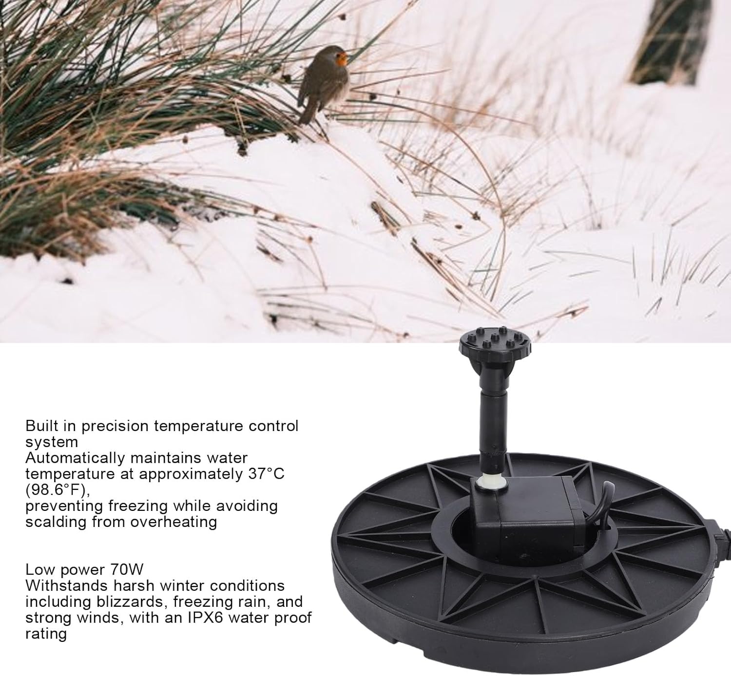 Pssopp Bird Bath Heater, Smart Thermostat Control Convenient Flat Design Weather Proof Bird Bath Deicer Heated Birdbath for Outdoor Patio Yard Farm(70W) (US Plug)