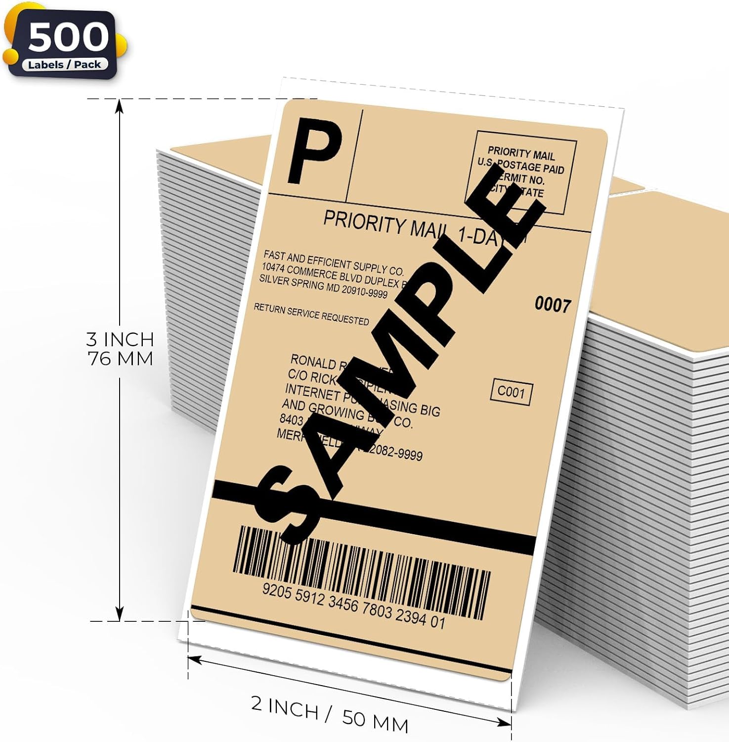 Khaki Thermal Labels 2 × 3 Inch Vinyl Self-Adhesive Fanfold Shipping Stickers Direct Waterproof Perforated Printer Decal for Businesses Warehouse Barcode 500 PCS