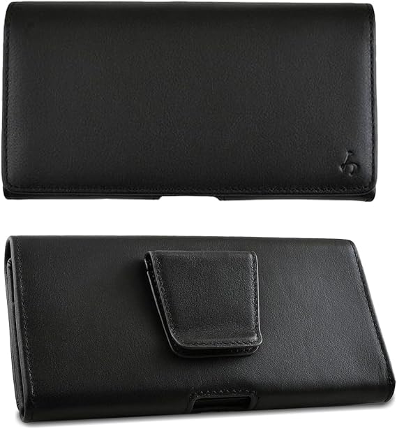 Cell Phone Belt Clip Holster - Handcrafted Premium Calfskin Leather Smartphone Organizer with Magnetic Closure - Large Metal Clip Phone Holder Compatible with iPhone 14-15/14-15 Pro - Black