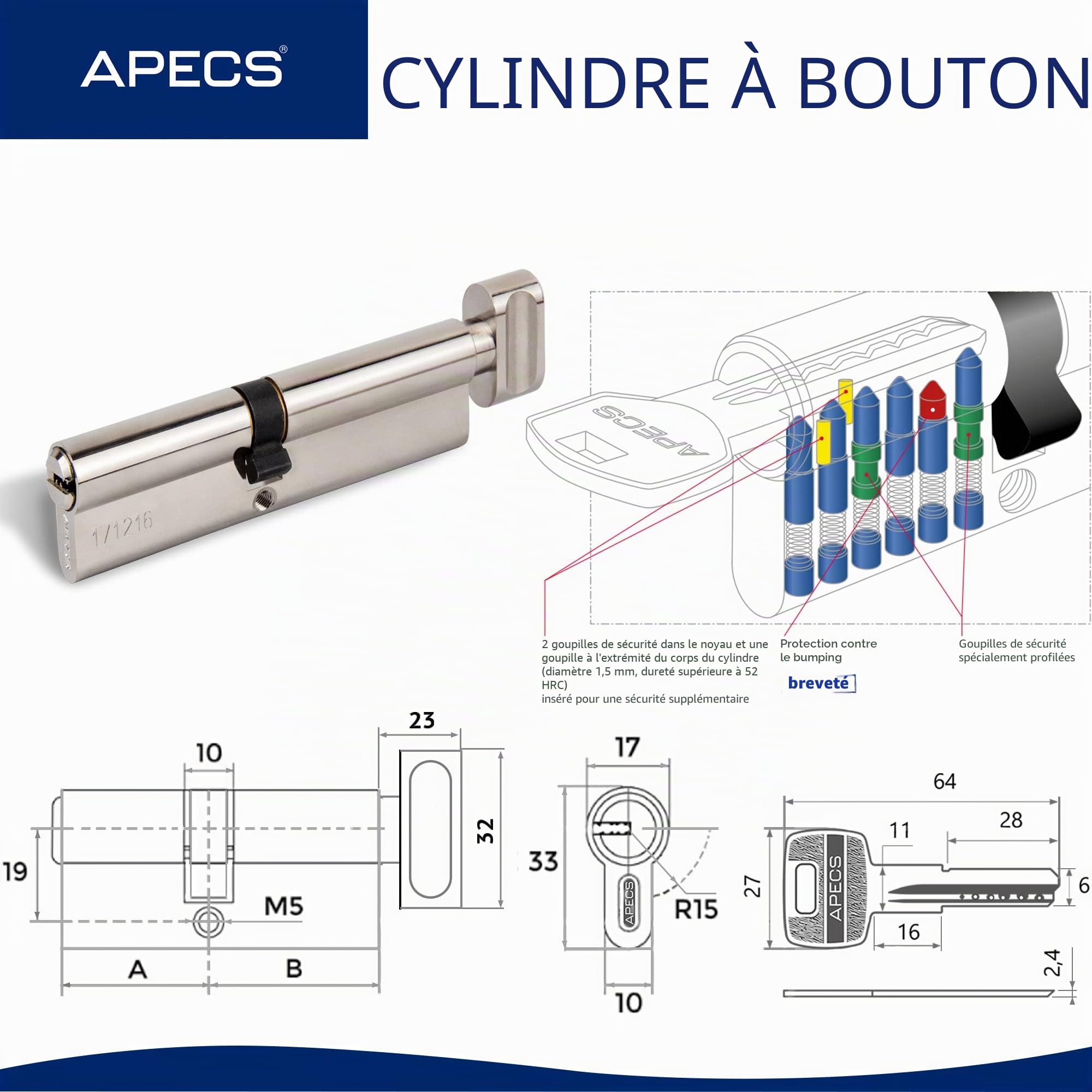 Cylindre de serrure à bouton APECS Cylindre de serrure avec bouton Serrure à cylindre 100 (50C/50) mm pour serrure de porte d'entrée avec 5 clés Modèle SM-100(50C/50)-C