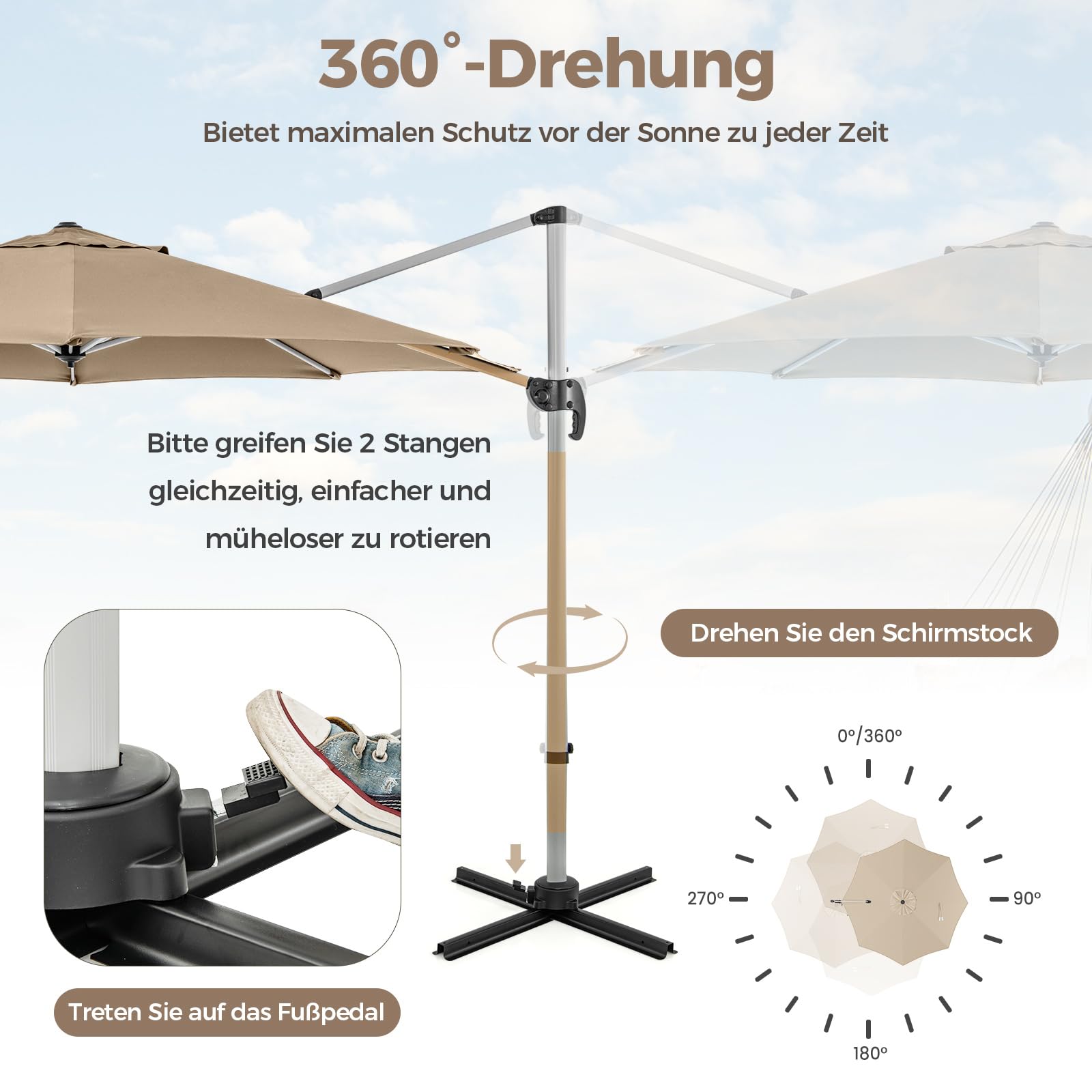 COSTWAY Parasol przeciwsłoneczny Ø 330 cm, z korbą, obracany o 360°, regulowany kąt nachylenia, UPF 50+, parasol ogrodowy, parasol tarasowy, do ogrodu, na taras, balkon, beżowy, 330 cm