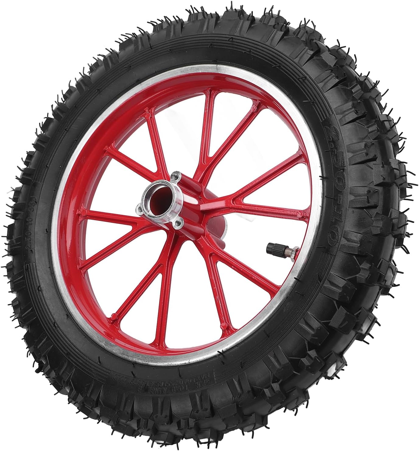 Tough Rubber 2.5-10 Dirt Bike Wheel Hub Tire, Metal Frame, Front Wheel Installation for Off Road Motorcycles, Small Motorcycles (Red)