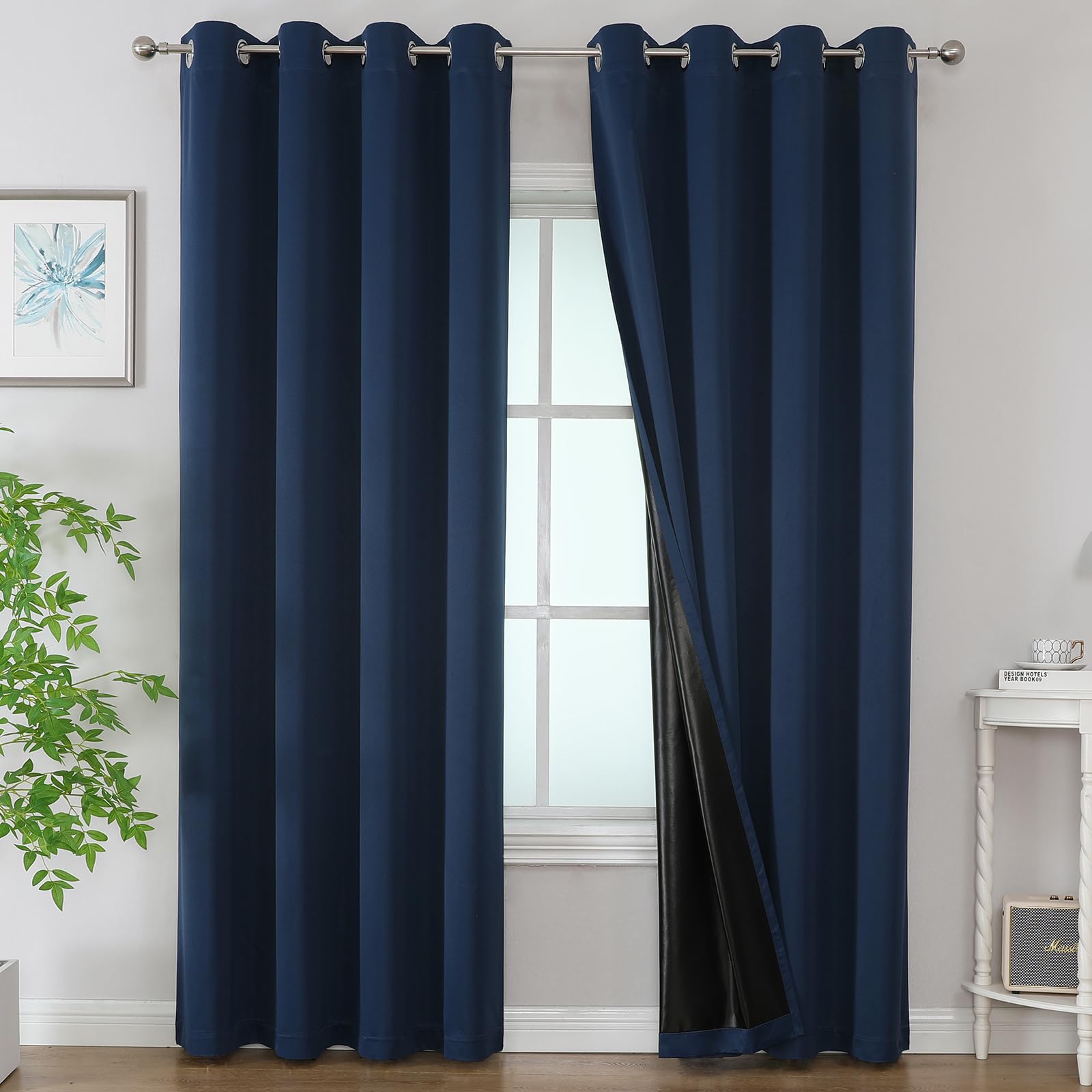 Estelar Textiler Navy Blue 100% Blackout Curtains for Bedroom, Thermal Insulated Full Room Darkening Window Curtains 90 Inches Long 2 Panels for Living Room, Full Light Blocking Grommet Drapes,52Wx90L
