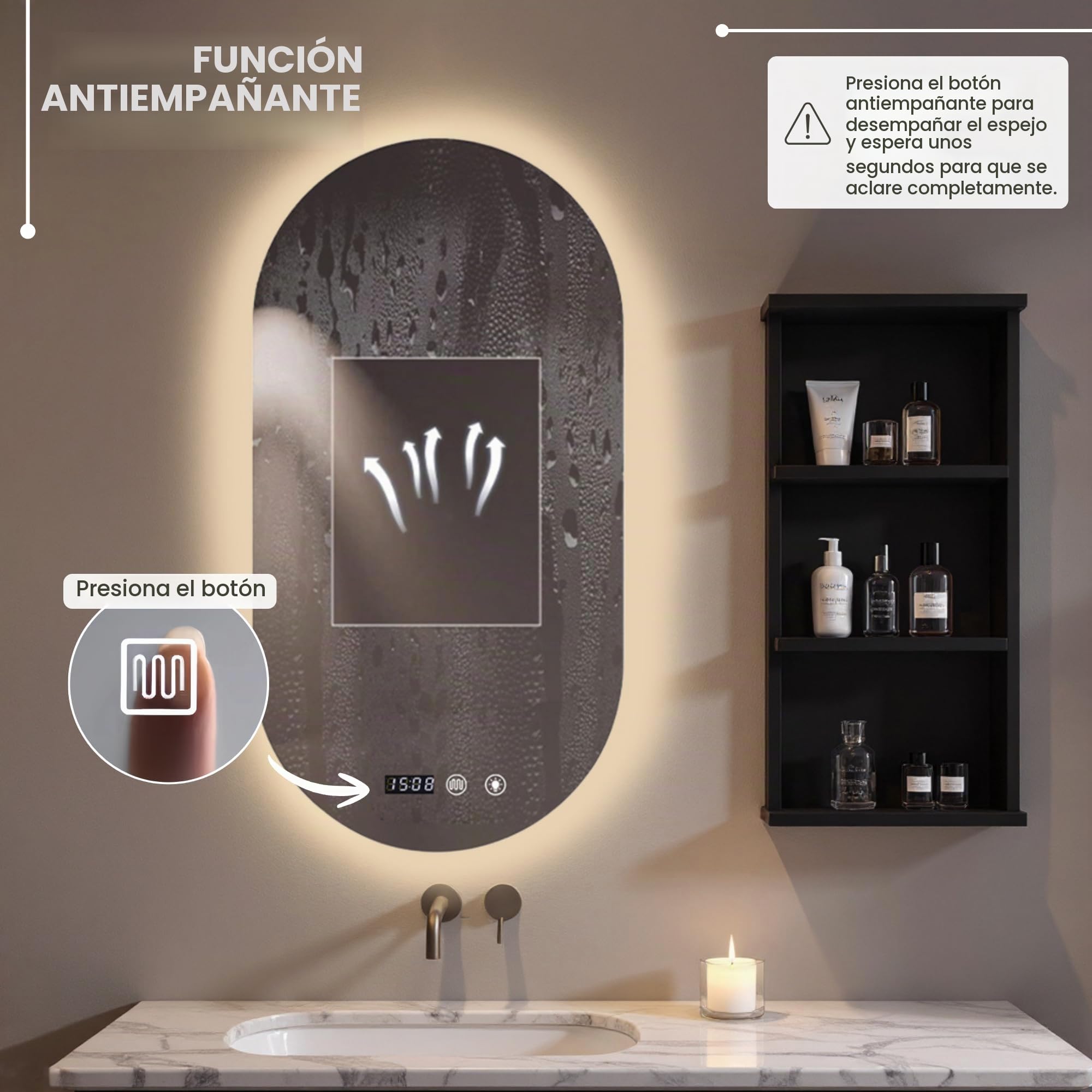 MAGIC SELECT Espejo de Baño con Luz Ovalado de Pared 60x90cm | Con Enchufe, 3 Tonos de Color, Ajuste de Brillo y Antivaho, Indicador de Hora y Temperatura, Vertical