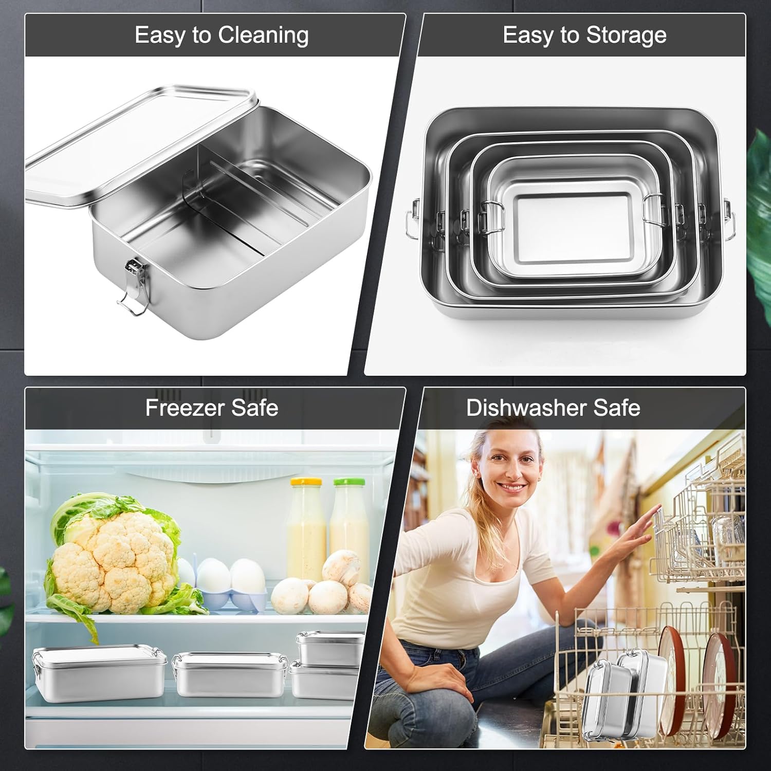 Umigy 4 Pcs Stainless Steel Food Containers 550/850/1400/2400 ml Metal Bento Lunch Box Stainless Steel Food Storage Containers, Lockable Clips to Leak Proof, Reusable Dishwasher Snack Boxes for Work - Image 4