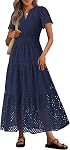 PRETTYGARDEN 2026 Robe Maxi d'été Manche courte V Col Hollow Out Eyelet Une ligne longue flowy robes de vacances plage pour femme