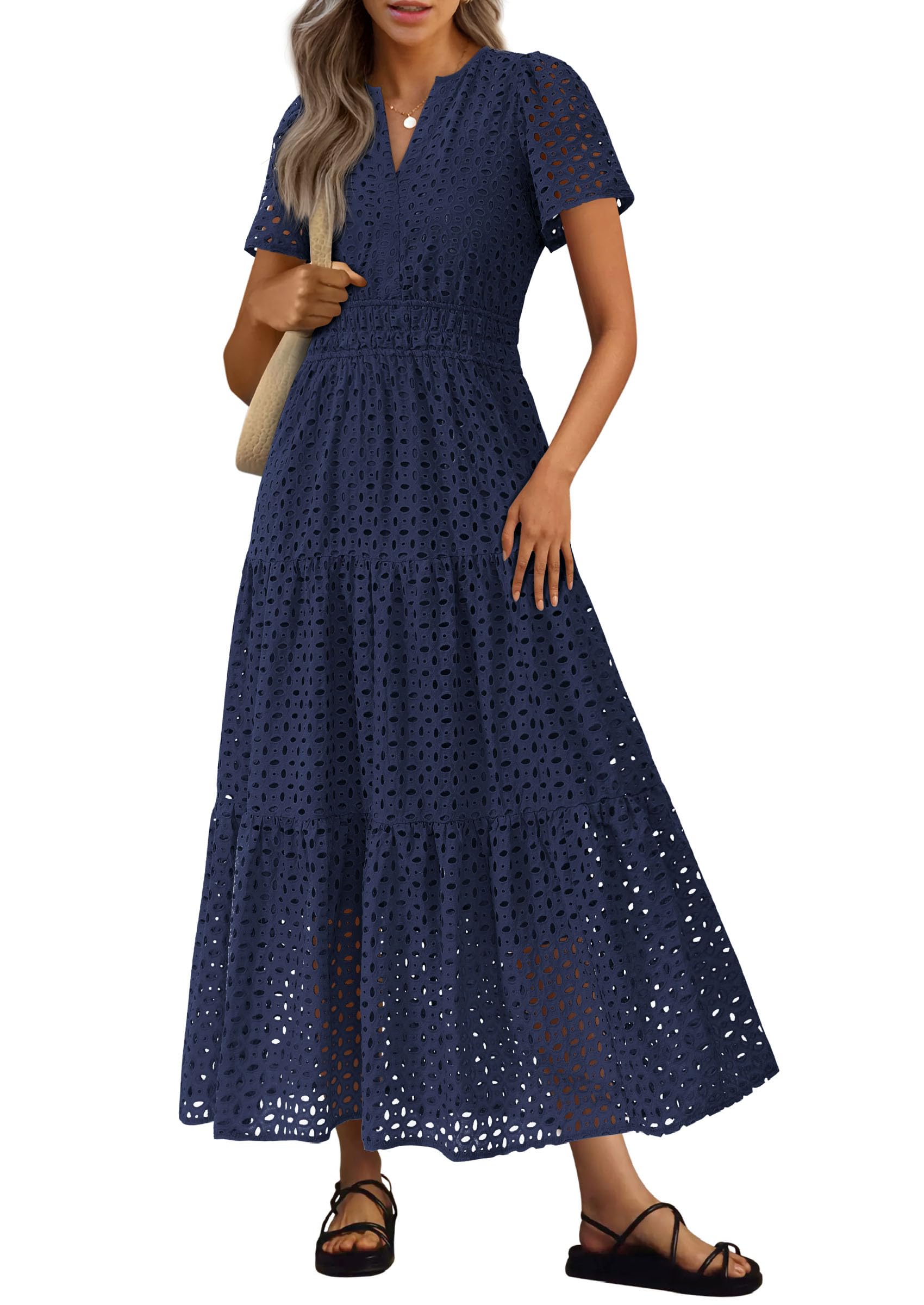 PRETTYGARDEN Womens 2026 Summer Maxi Dress Short Sleeve V Neck Hollow Out Eyelet A Line Long Flowy Beach Vacation Dresses