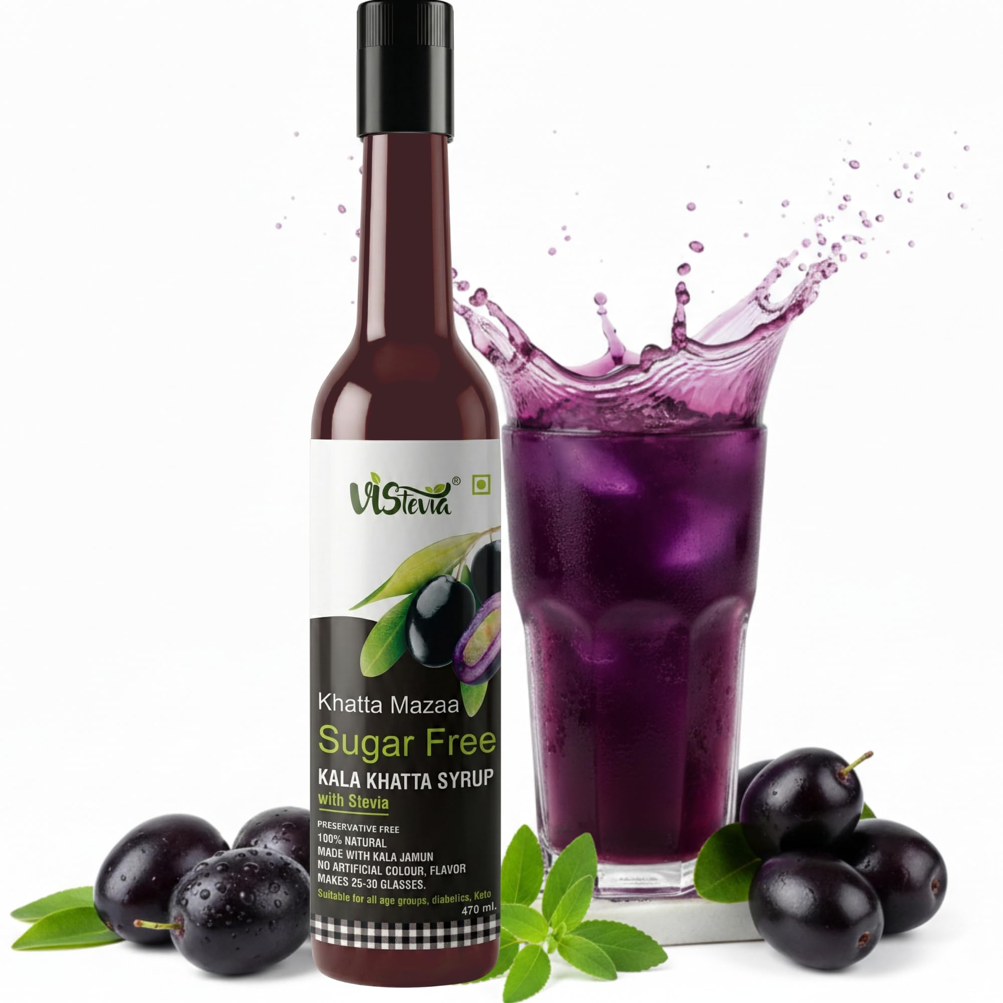 VIStevia Khatta Mazaa Sugar-Free Kala Khatta Syrup, Diabetic And Keto Friendly - Sweetened Naturally With Stevia, Made With Real Kala Jamun Not Flavour And Colour - Pack Of 1 (470ML) Serves 25-30 Glasses