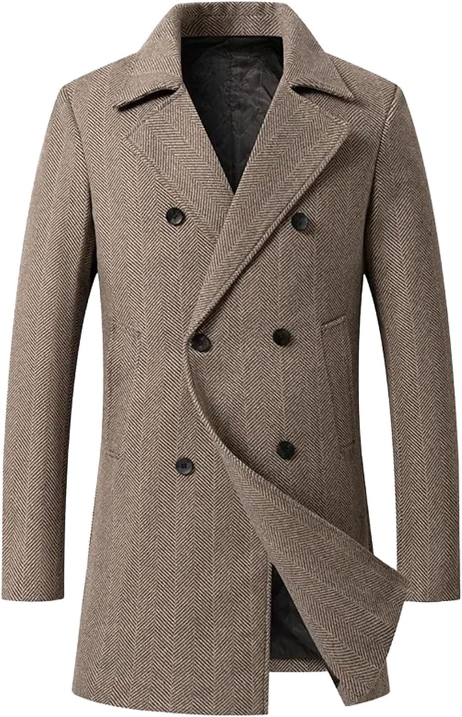 Mens Long Wool Blend Trench Coat Windbreaker Style Slim Fit Casual Outerwear Jacket