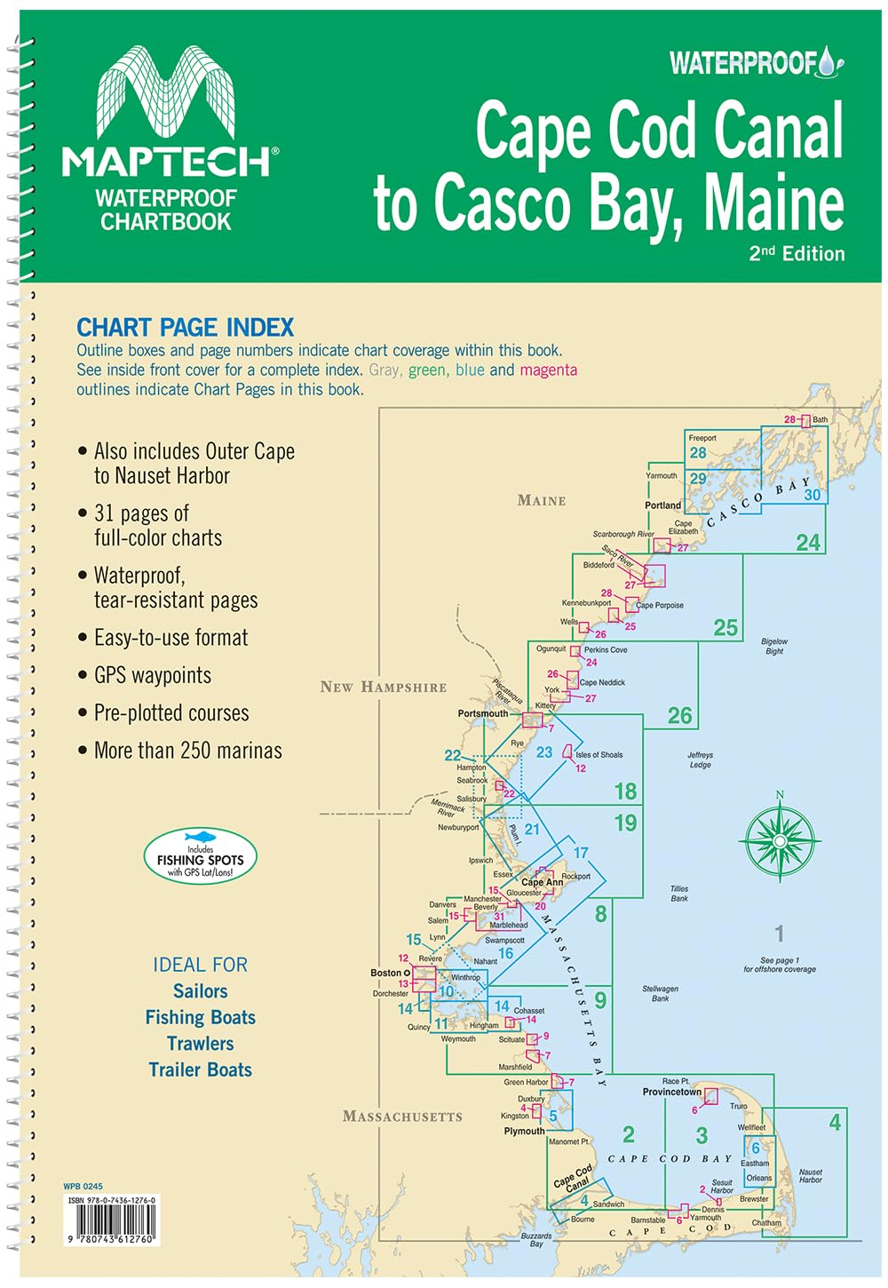 MAPTECH Waterproof Chartbook, WPB0245-02, Cape Cod Canal to Casco Bay Maine, 2nd Edition, Outer Cape to Nauset Harbor, Full-Color Charts, Waterproof Pages, GPS Waypoints, 31 Chart Pages      Spiral-bound – Print, January 1, 2024