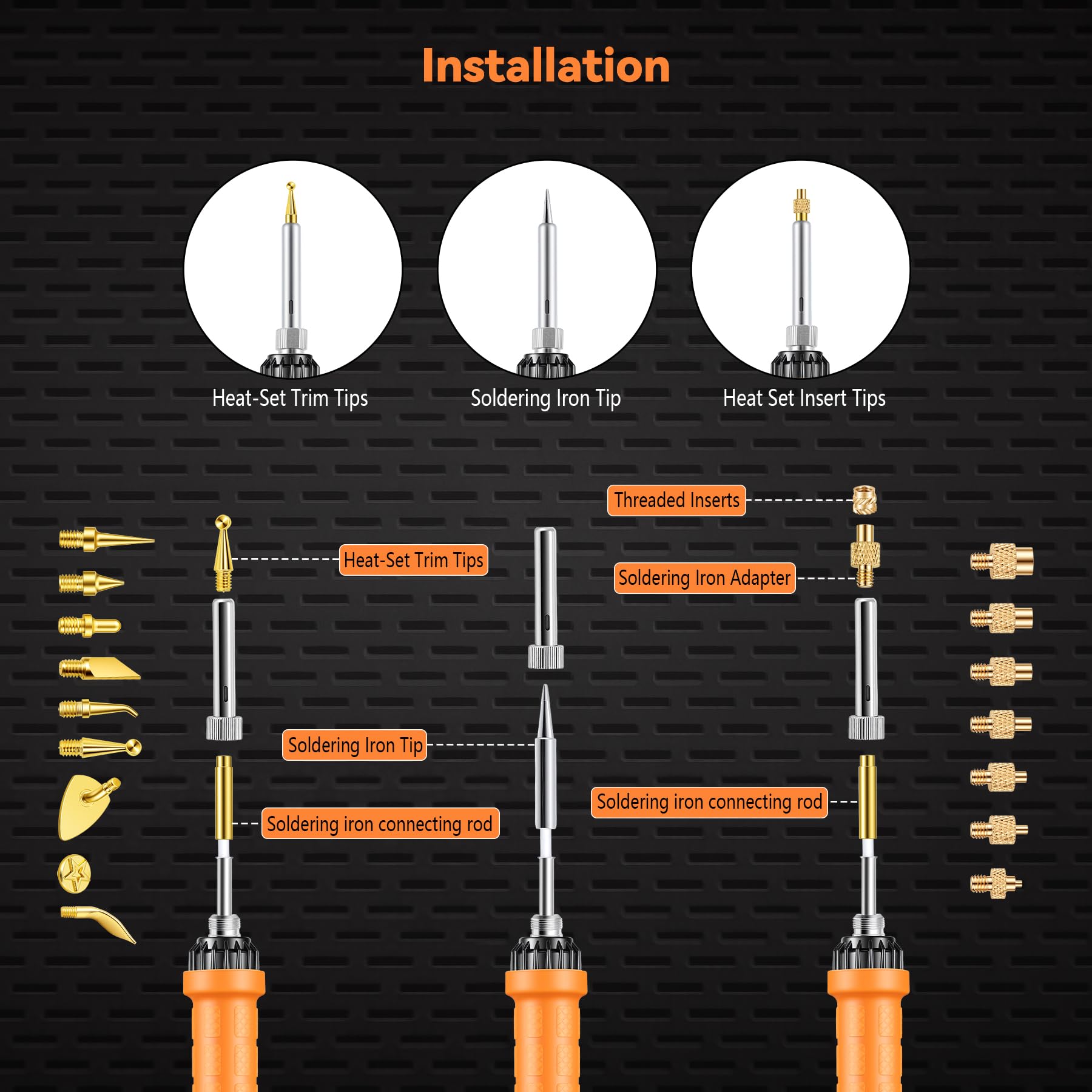 Juego puntes soldadura 151pz rosc, Juego soldad temp ajust 90W, insertos roscados M2-M8 para impresión 3D, puntas de soldadura M2-M8 + soporte + pinzas + cabezal adaptador de dibujo (Naranja)