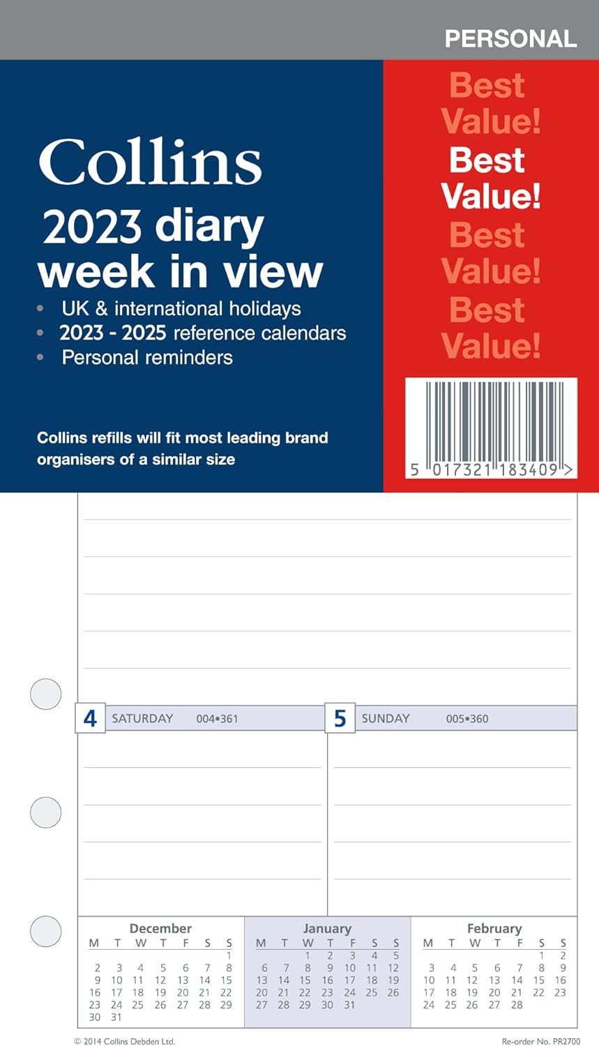 Collins Debden 2023 Week to View Personal Organiser Refill (PR2700) compatible with six hole
