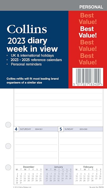 Collins Debden 2023 Week to View Personal Organiser Refill (PR2700) - compatible with six hole organisers - (172 x 96mm), PR2700-23, White