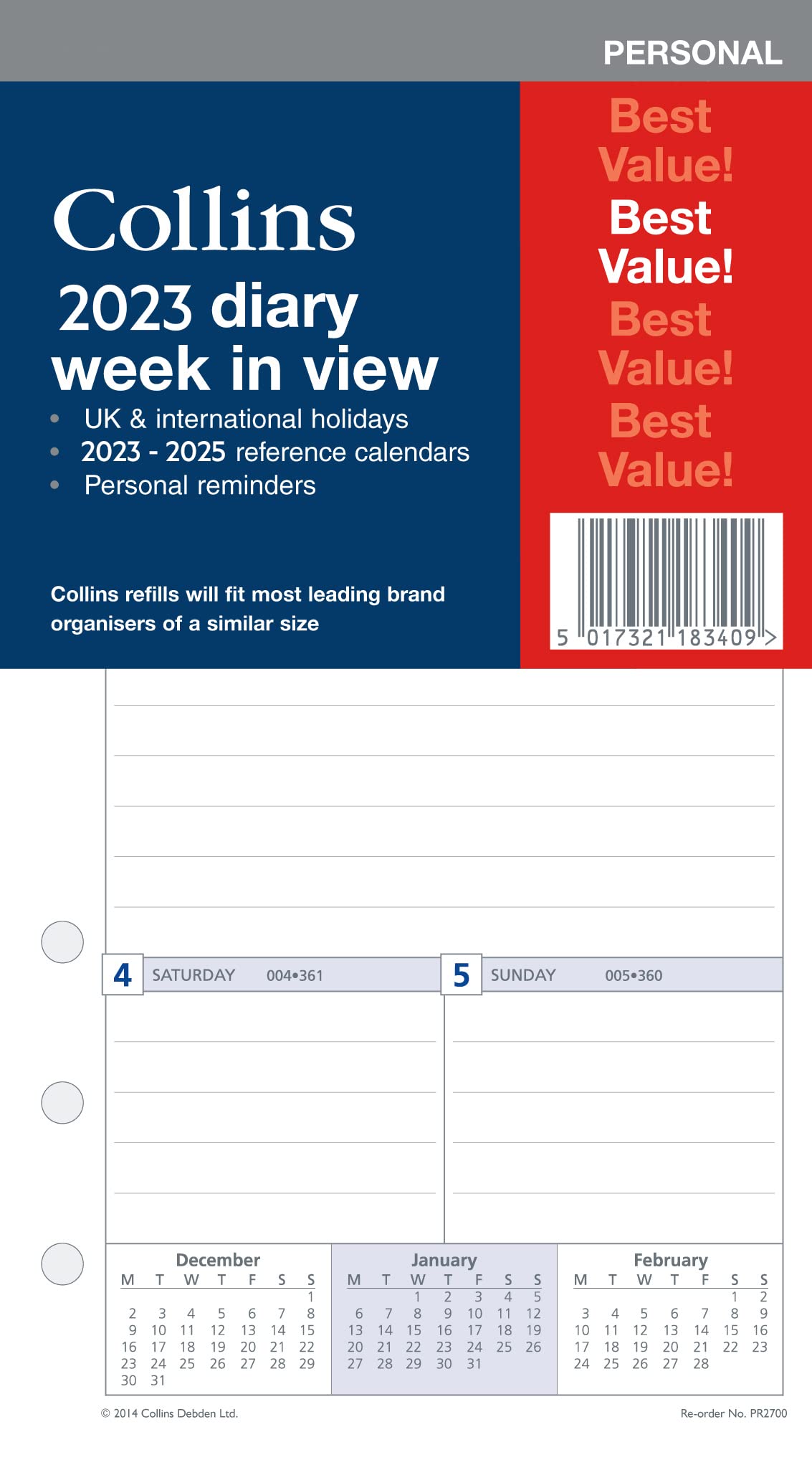 Collins2023 Week to View Personal Organiser Refill (PR2700) - compatible with six hole organisers - (172 x 96mm)