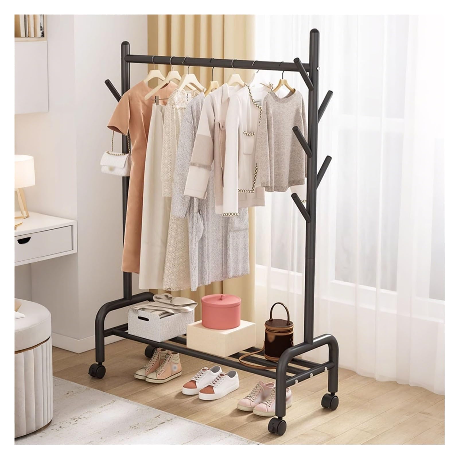 Appendiabiti in metallo con supporto per scarpe 1 barra appendiabiti per camera da letto e armadio nero 60 x 154 x 37 cm - Abbigliamento versatile & Perchero Colgador.