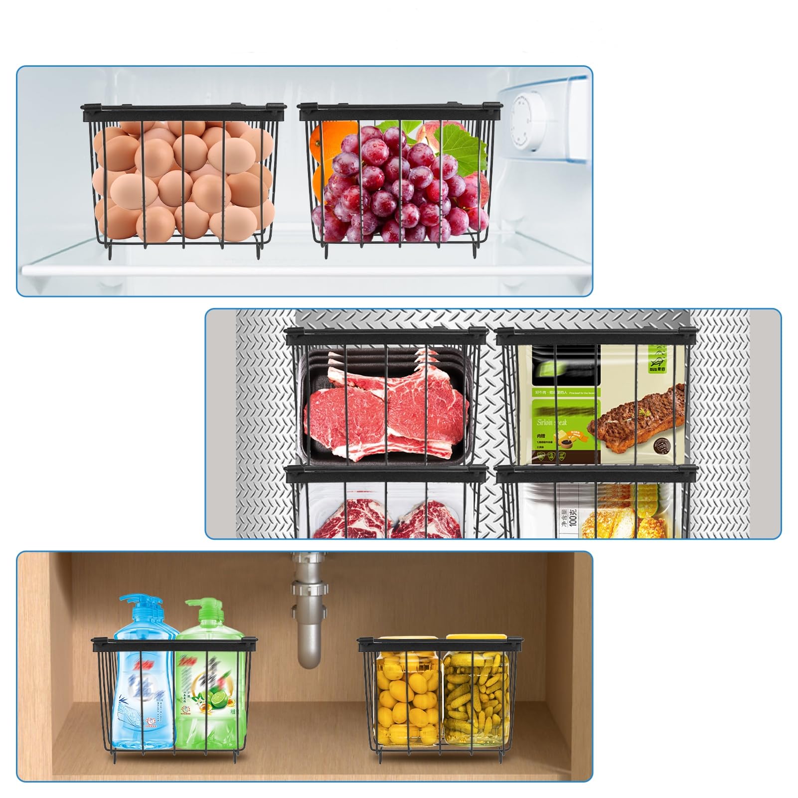 4 Stück Kühlschrank Organizer Schublade Zutaten Gefrierschrank Organizer mit Griffen Stapelbarer Metall Aufbewahrungskorb für Schlafzimmer Schrank Kühlschrank Gefriertruhe ( Schwarz)