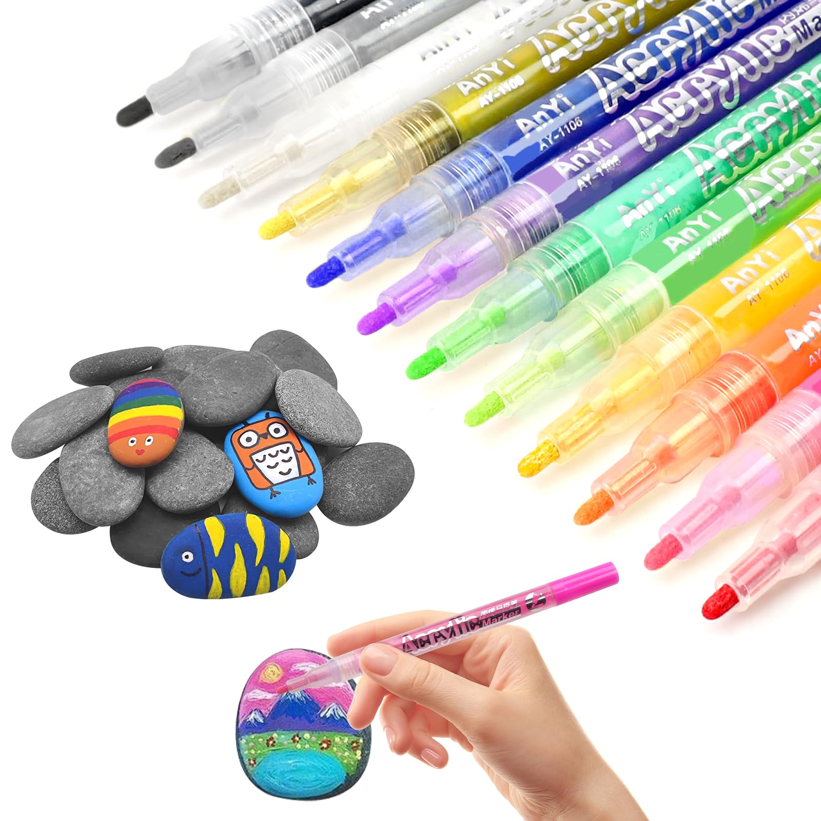 WEFINEST 15 pcs Rock Painting Kits, 3-5cm Pebbles for Painting with 12 Acrylic Markers, Stone Paintings Kit Flat & Smooth Pebbles for Crafts, Rocks for Crafting, Home Decor, Garden Decoration