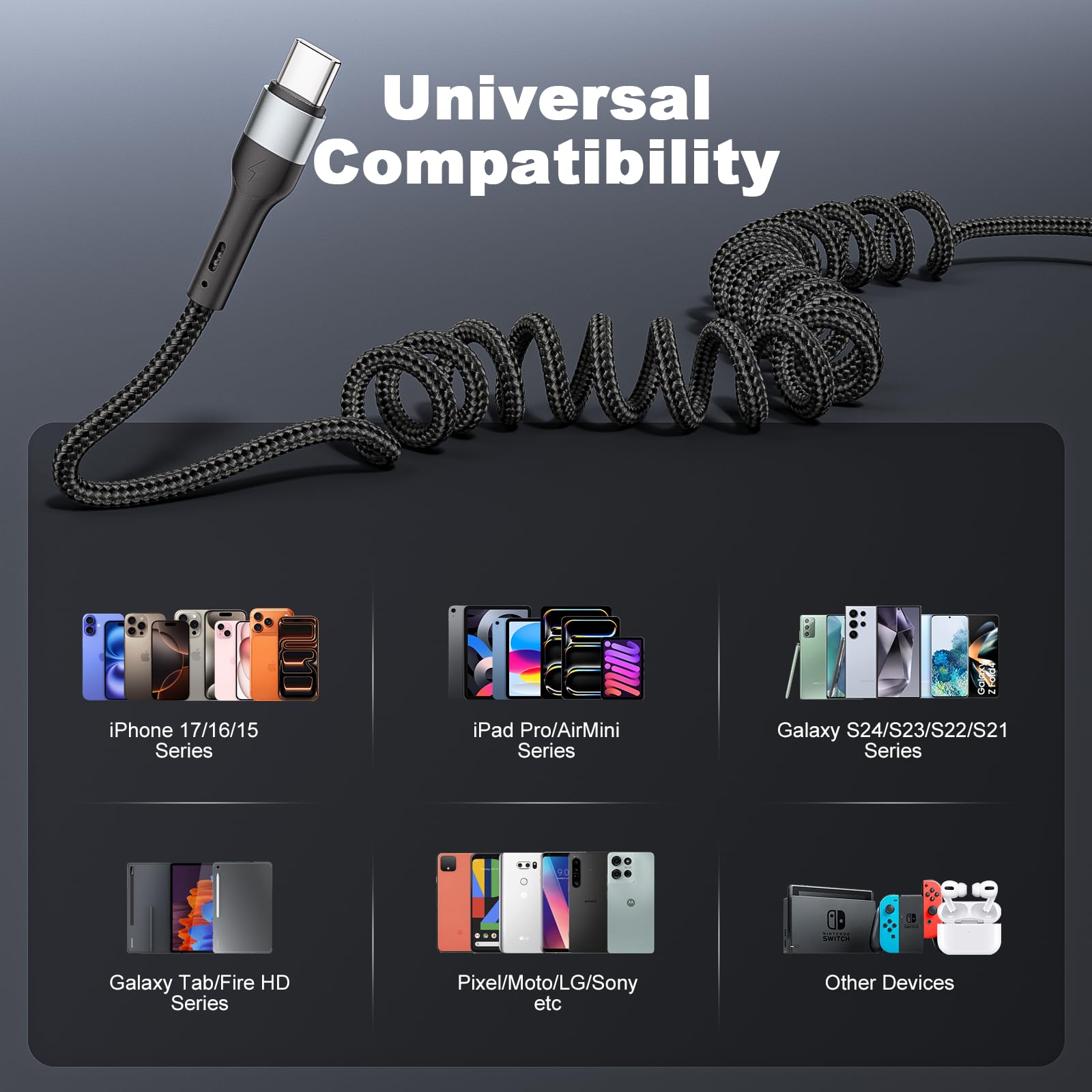 Cavo USB C a C da 0,9 m, confezione da 2 cavi di ricarica USB C a spirale per auto tipo C cavo di ricarica rapida per iPhone 17/16/15/Plus/Pro/Pro Max/Samsung Galaxy S23 cavo USBC intrecciato in nylon