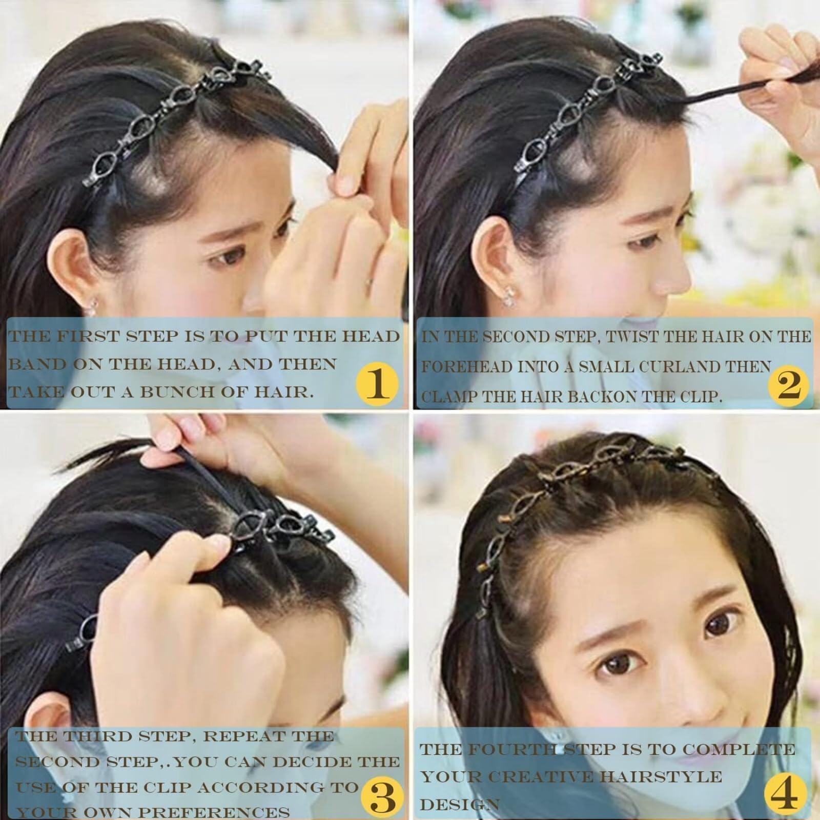 2 Pcs Double Bangs Hairstyle Hairpin Clip Headbands Multi-Layer Toothed Hair Band with Clips Attached Non-Slip for Women Girls Fashion Braid Tool Hair Accessories (Black - Image 4