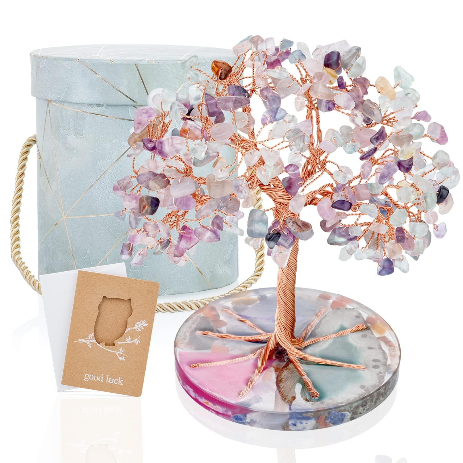 ZenBless 7 Chakra Healing Crystals Stones Tree, Green Fluorite Leaf Wire Wrapped on Natural Agate Slice Base, Home Office Desk Living Room Feng Shui Decoration for Wealth and Luck