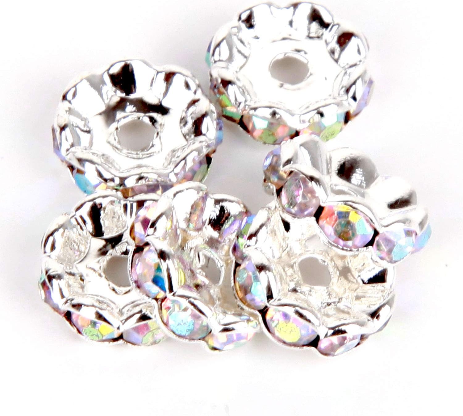 RUBYCA 100pcs 5mm Wavy Rondelle Spacer Beads Silver Tone AB White Czech Crystal for Bracelet Necklace Jewelry Making