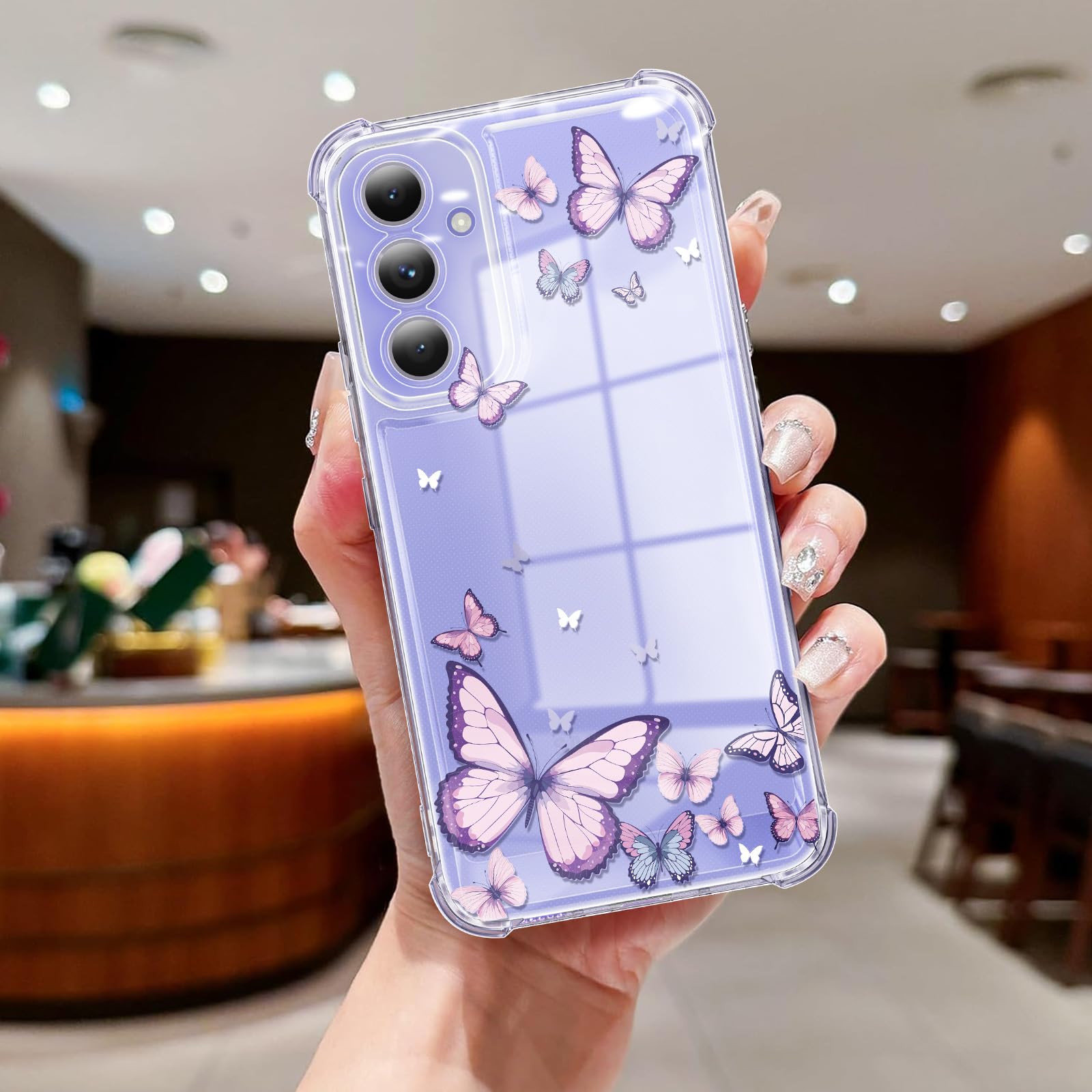 Clear Case Compatible with Samsung Galaxy A54 5G, Cute Butterfly Print Protective Cover for Girls Women, Slim Soft TPU Four Corners Shockproof Case for Samsung A54 - Purple Butterfly
