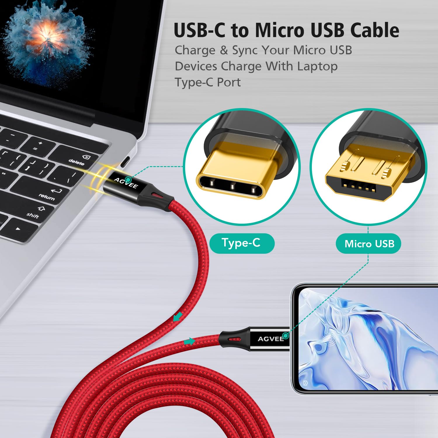 AGVEE 2 cables USB USB-C a Micro USB, 2 m, terminales dorados, cable de sincronización de datos para dispositivos micro USB, PS4, Kindle, teléfono Android, rojo