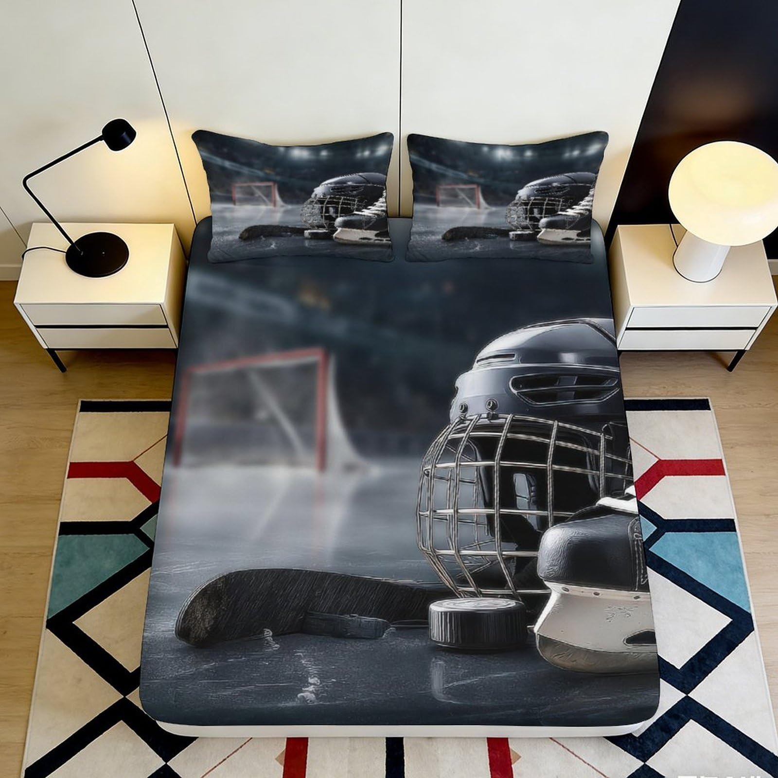 3D Printed Hockey Arena Fitted Sheet Microfiber Soft Black Helmet Puck Bed Cover for Bedroom Guest Room Decor 90x200x25cm