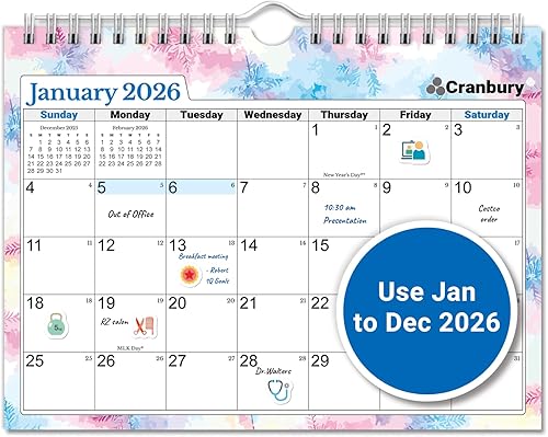 CRANBURY - Calendario de pared pequeño 2026 de 8 x 6 pulgadas, calendario pequeño colgante, diseños mensuales de temporadas coloridas, para usar en