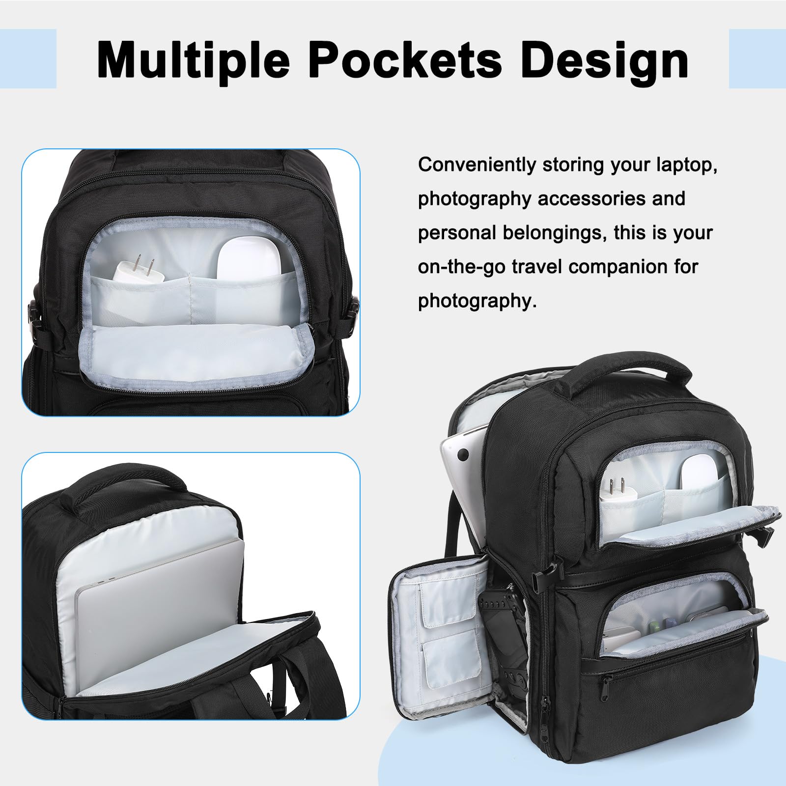 MOSISO Mochila para Cámara, Caso Cámara DSLR/SLR/Mirrorless, Bolsa Viaje Lateral Acceso Rápido para Foto con Compartimento con Portátil 15-16 Pulgadas&Lluvia Cover&3 Bolsillos Frente,Negro