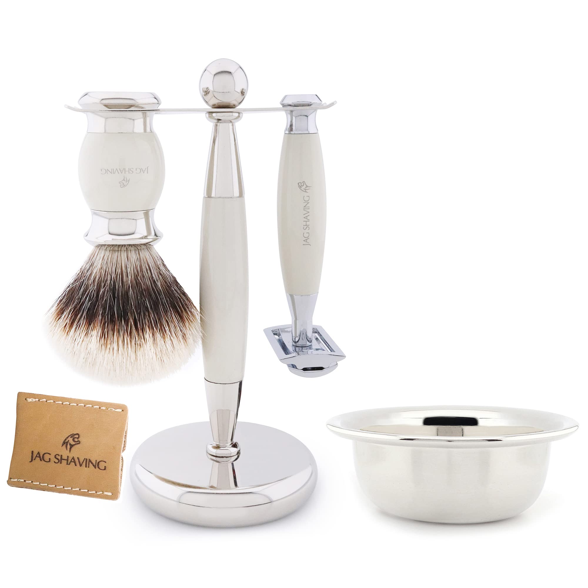 Jag Shaving 5-częściowy zestaw do golenia - JAG's LEE Range - pędzel do golenia z włosia borsuka - podwójna krawędź ostrza do golenia - miseczka do golenia - stojak do golenia - torba skórzana