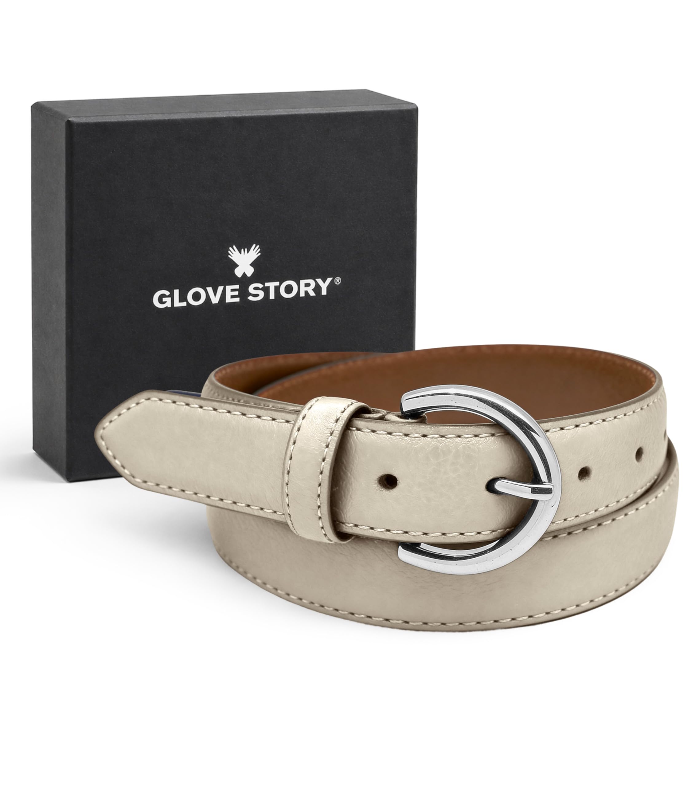 GLOVE STORY Ceinture Femme Beige en Cuir - Boucle Métal Élégante Style Habillé - Coffret Cadeau Accessoire Mode Haut de Gamme pour Jean, Tailleur Costume et Pantalon - Largeur 35mm