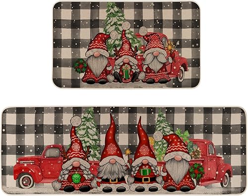 Juego de 2 alfombras de cocina de gnomo de Navidad con diseño de búfalo navideño, tapete de goma antideslizante para puerta de bienvenida para el
