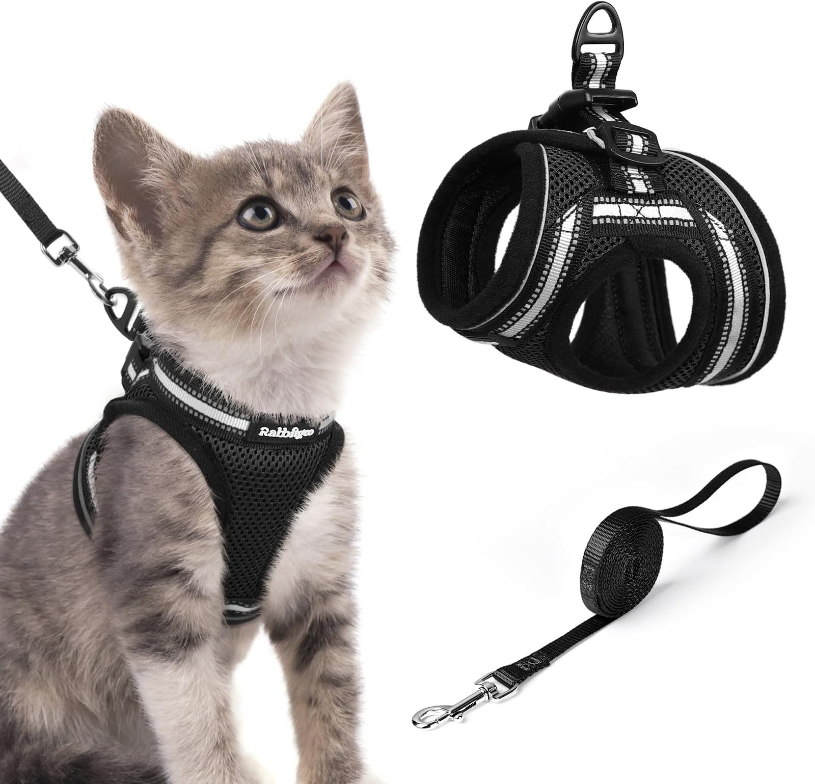 rabbitgoo Cat Harness and Lead Set for Walking Adjustable Soft Kitten Harness and Lead Set Vest with Reflective Strip for Extra Small Cats Escape Proof, Comfortable Outdoor Pet Vest, Black, S