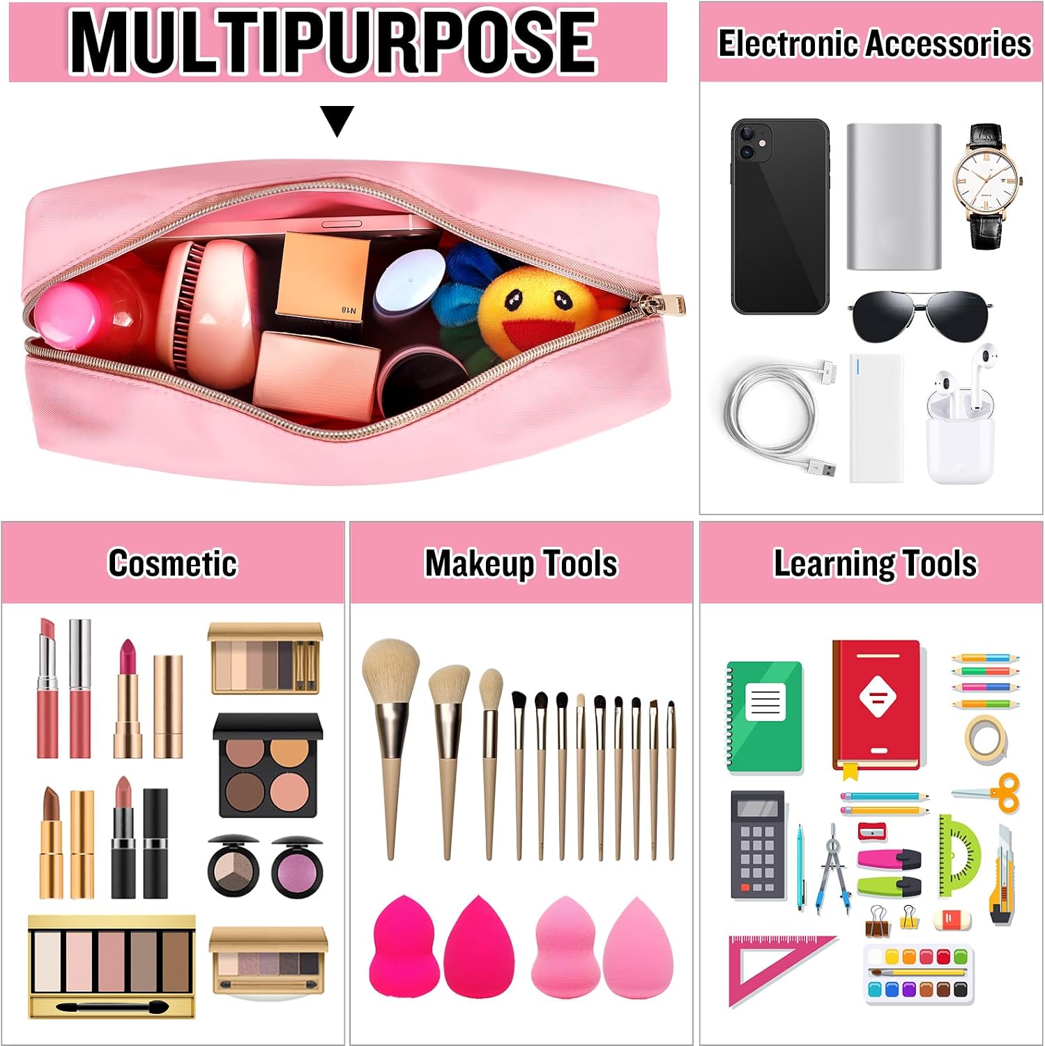 Chenille Letter Clear Makeup Bags Stuff Pouch, Preppy Patch Makeup Bag with Zipper, Transparent PVC & Nylon Waterproof Portable Glitter Cosmetic Bag Travel Toiletry Storage for Women Girls(STUFF-Pink) image 5