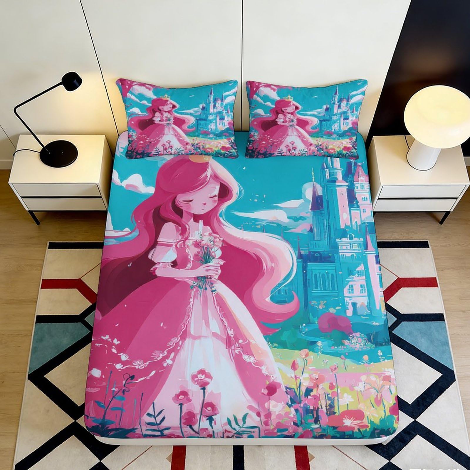 3D Printed Princess Fairy Tale Fitted Sheet Microfiber Deep Pocket Non-Slip Full Wrap Princess Mattress Fitted Cover for Bedroom 180x200x25cm