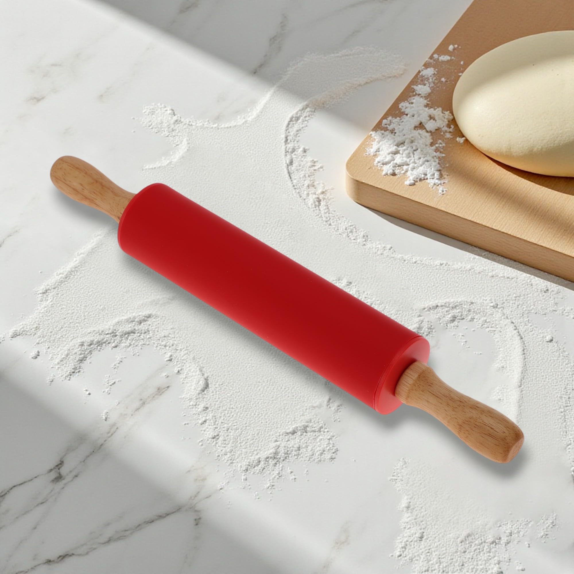 Generic 1 Pcs Rolling Pin Medium Silicone Solid Wood Red 12.2 Inch
